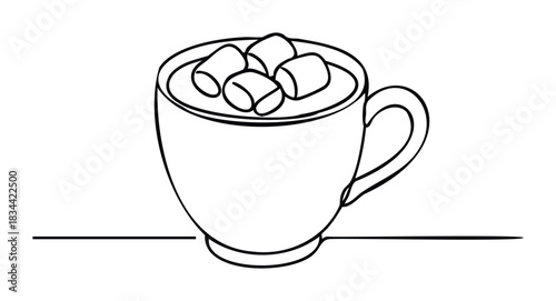 A line drawing of a mug filled with hot cocoa and topped with marshmallows. Ideal for comfort and winter themed marketing.
