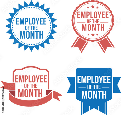 Employee of the month award badges employee, month, award, badge, emblem,  and emblems collection, recognition and achievement design elements.