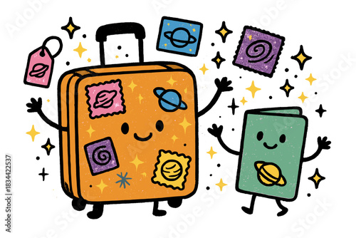 Multiverse Travel Companions. Playful doodle vector of suitcase and passport characters proudly displaying their multiverse stamps