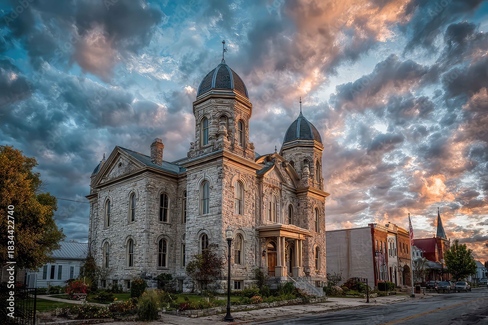 Naklejka premium Historic courthouse under evening sky
