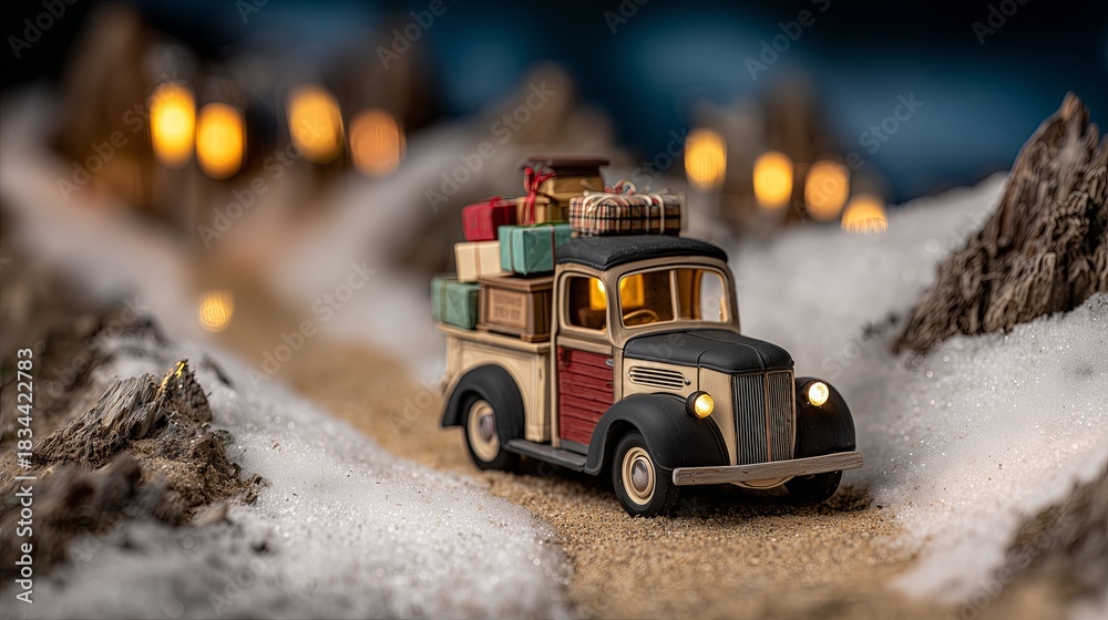 Fototapeta premium Vintage toy truck carries colorful gifts along a snowy mountain path