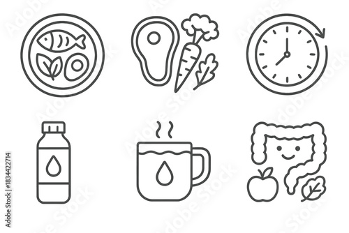 Nutrition Biohack Icons. Line style icons of nutrition and diet biohacks: keto meal plate, paleo ingredients icon, time-restricted