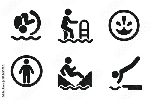 Water Entry Icons. Solid style icons of water entry techniques: backward roll glyph, ladder descent icon, splash badge. Feet first