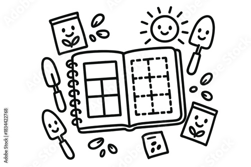 Garden Planner Doodle Art. Doodle-style vector art of garden planner notebook with smiling seeds, shovels, and sun icons helping