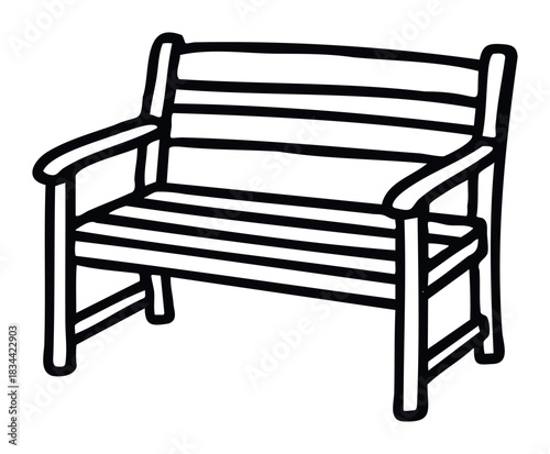 Black and white drawing of an empty park bench, ideal for use in designs related to relaxation, public spaces, and outdoor living.