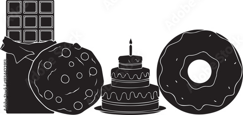 Silhouette of a chocolate bar cake and donuts on a white background