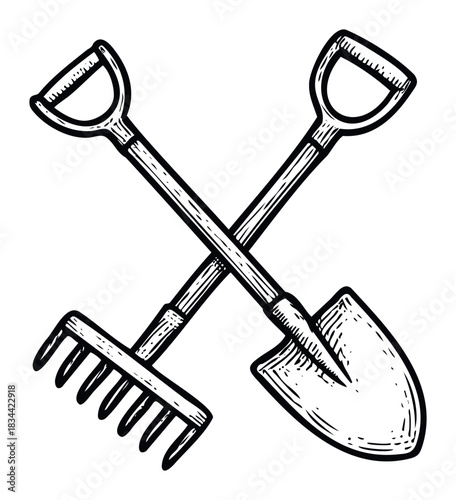 A black and white drawing shows a shovel and rake crossed, evoking a rustic feel for gardening or farming themes.