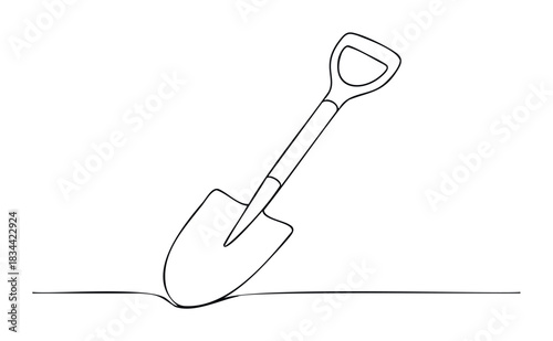 A minimalist line drawing depicts a garden shovel digging into the earth. This graphic is suitable for agricultural, outdoor, or DIY themes.