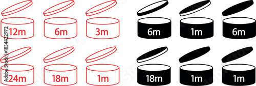 Period after opening cosmetic symbols, pao icons for shelf life, indicating months from opening, red and black.