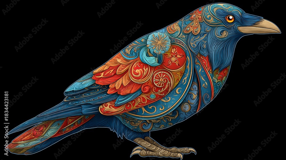 Obraz premium stylized illustration of a raven whose body is made of ancient, crumbling scrolls. Each scroll contains a different ancient story or spell. The raven's eyes are deep and wise, as it is a keeper 