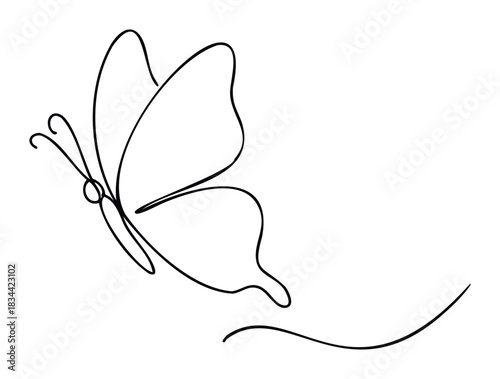 A minimalist one line drawing captures a butterfly gracefully soaring, representing change and lightness. Ideal for natural or uplifting themes.