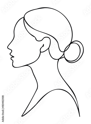 Elegant line drawing of a womans profile with her hair styled in a bun. Perfect for graphic concepts, profile pictures, and sophisticated branding.