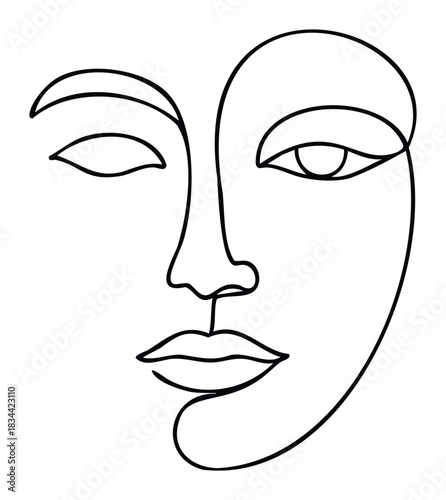 Elegant continuous line portrait of a womans face, conveying tranquility and awareness. Ideal for wellness, beauty, and thoughtful communications.