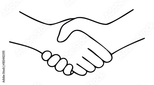 Two hands shaking in a simple line drawing, symbolizing agreement, partnership, and connection, suitable for business and communication concepts.