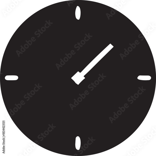 Isolated analog clock icon, solid black clock vector, round clock face silhouette, bold hands minimal symbol, classic time icon, clean simple illustration
