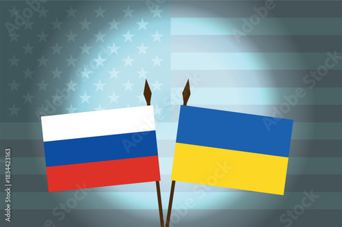 Vector Illustration of Russian and Ukrainian Flags with American Flag in Background — Concept of Peaceful Negotiation
