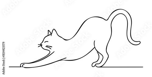 A minimalist line drawing of a cat stretching. Ideal for themes of comfort, agility, and waking up.
