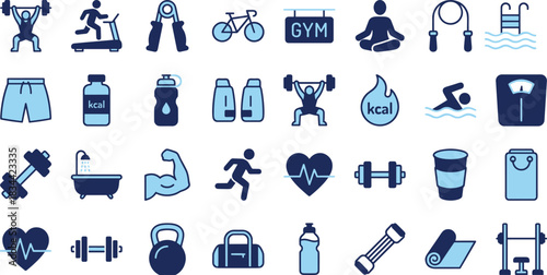 Large Collection of Modern Vector Flat Line Icons for Health, Fitness, Sport, Gym, Training, Workout, Diet, Swimming, Running, Lifting, Cycling, Yoga, Heart Rate,