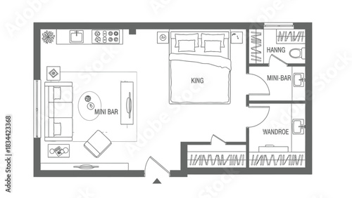 Studio apartment floor plan with furniture layout vector