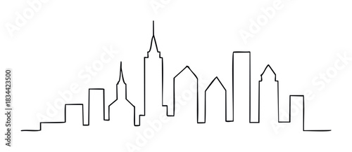 A simple black line sketch depicts a cityscape with diverse buildings. Ideal for modern urban themes, architectural concepts, and background elements.
