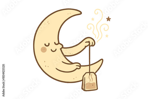 Moon Tea Dream. Cute doodle crescent moon gently holding a dangling steaming tea bag, soft curls of vapor forming tiny stars, No