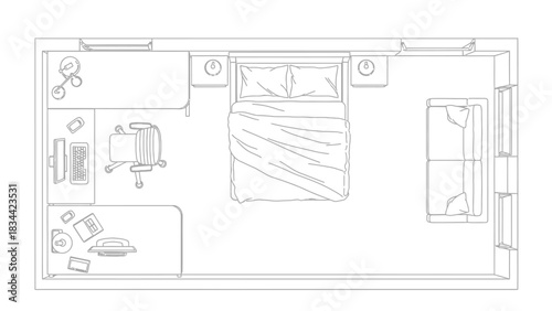 Top View Line Drawing of a Bedroom with Desk and Sofa