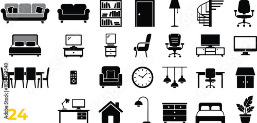 Minimalist Interior Design Icons Set, Home and Office Furniture Pictograms, Flat Vector Symbols for Architectural Plans, Room Layouts, Housing, Decoration, and Property Management App Assets.