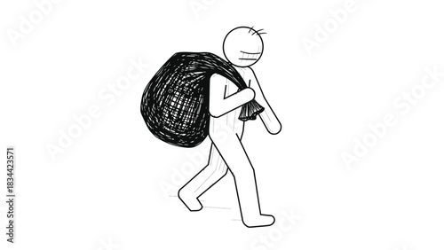 Stick figure carrying a large sack over shoulder burden
