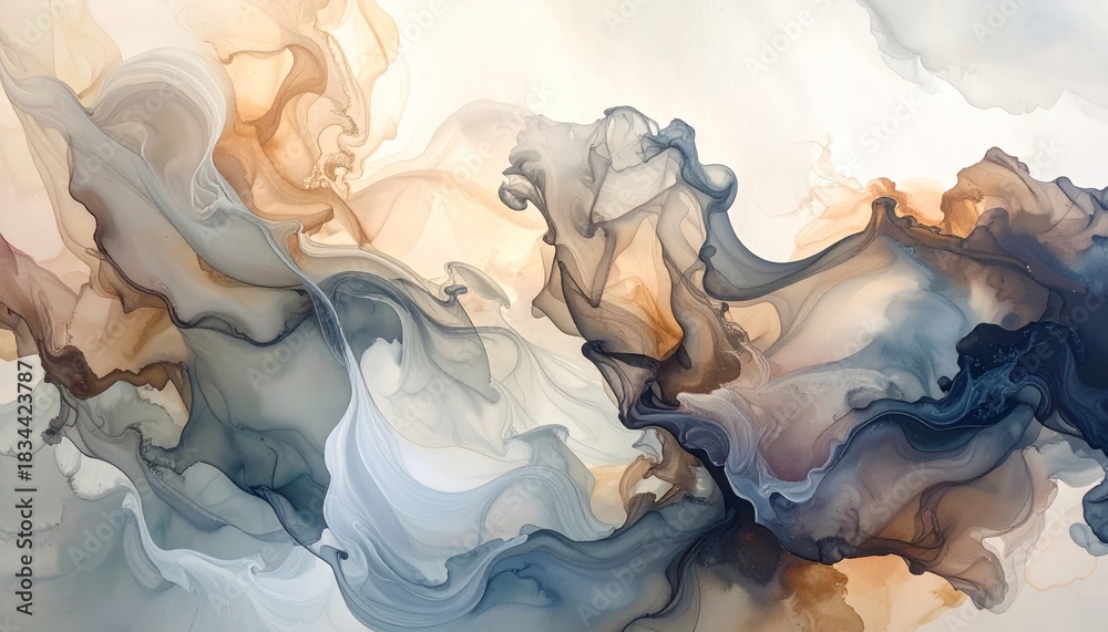 Obraz premium Abstract fluid ink texture with swirling organic forms, soft blended tones, artistic and atmospheric look, high-resolution background ideal for print design and creative projects
