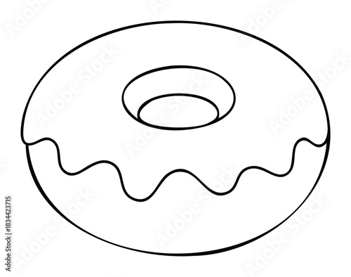 A handdrawn outline of a sweet donut with a wavy frosting pattern, suitable for confectionery promotions, culinary websites, and sweet treat related projects.