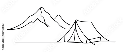 Minimalist line drawing of a tent pitched near mountains, perfect for travel, adventure, and nature themes.