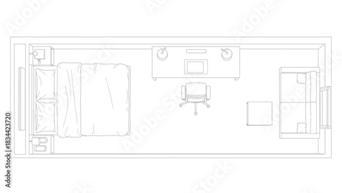 Top view line art of a bedroom with bed and desk interior