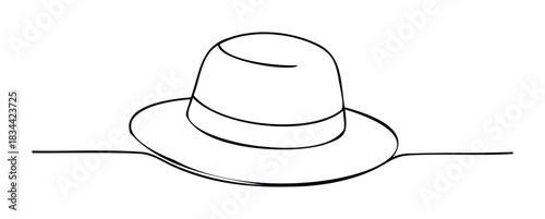 A simple line drawing of a fedora hat, symbolizing elegance and timeless style, ideal for various design and editorial uses.