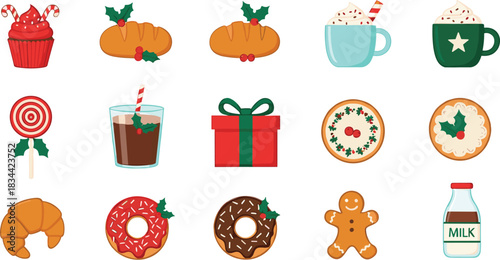 Christmas food and drink icon set, festive treats and beverages, whimsical holiday illustrations, gift box, cookies, donuts, milk