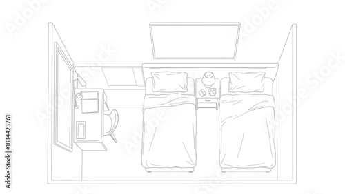 Overhead view of a room with two beds and a desk floor plan