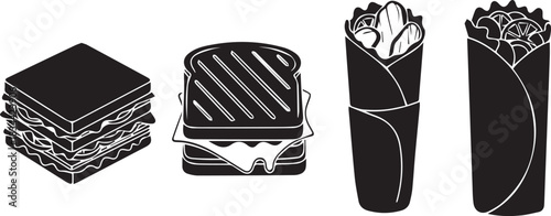 Black and white line art illustrations of stacked sandwiches and burritos