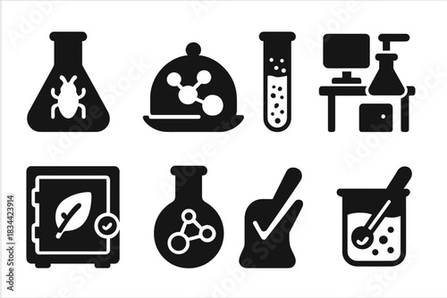Food Innovation Icons. Solid style icons of food innovation and R&D: lab flask with bug logo, molecular meal icon, test tube