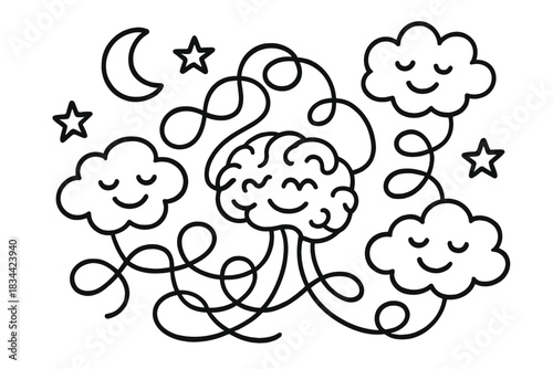 Neural Dream Loops. Playful doodle vector of neural lace network forming happy dream loops with stars, moons, and smiling thoughts