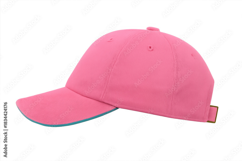 Fototapeta premium Pink baseball cap with blue brim, casual headwear for fashion and sports, isolated on transparent background