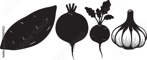 Black silhouette of root vegetables and garlic on white background