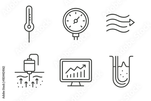 Geothermal Monitoring Icons. Line style icons of geothermal resource monitoring: temperature sensor probe, pressure gauge meter,