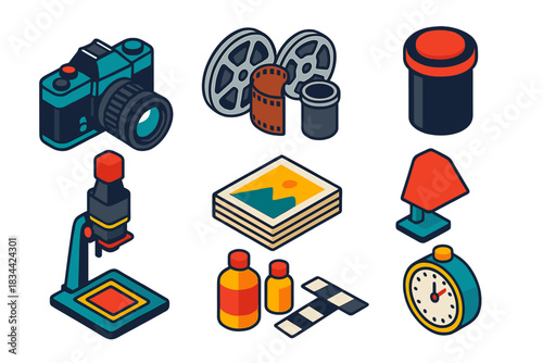 Vintage Photography Tools. Isometric vector illustration set Film and photography – vintage film camera, film reel canister,