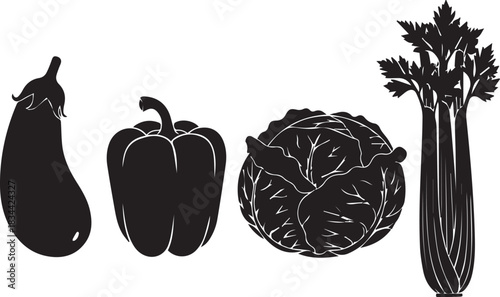 Silhouette of eggplant bell pepper cabbage and celery on white background