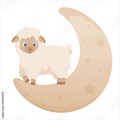  Little lamb standing on the moon, illustration in neutral tones. Funny cartoon lamb for childrens design, baby shower decoration, nursery prints, and cards.