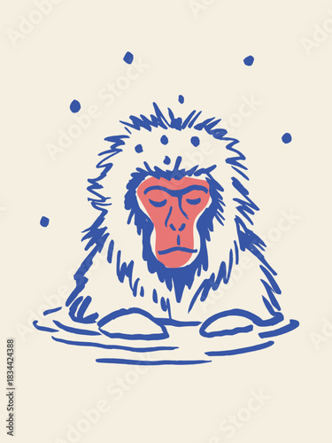 Snow monkey in hot spring doodle vector illustration