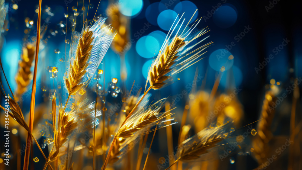 Obraz premium Golden Wheat Glimmers in Sunlight With Blue Background Creating a Stunning Natural Scene