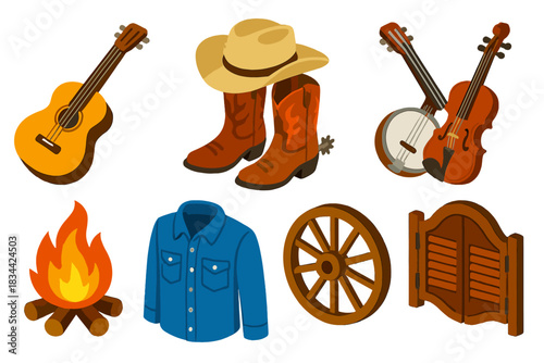 Country Music Icons. Isometric vector illustration set Musical genres – acoustic guitar, cowboy boots, Stetson hat; banjo, fiddle,