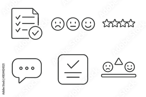 Evaluation Icons. Line style icons of evaluation and feedback: quiz results icon, satisfaction emoji scale, content rating stars,