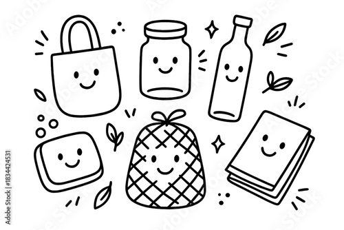 Plastic-Free Swap Ideas. Doodle-style vector art of friendly guide layout showing plastic-free swaps like smiling jars for spices