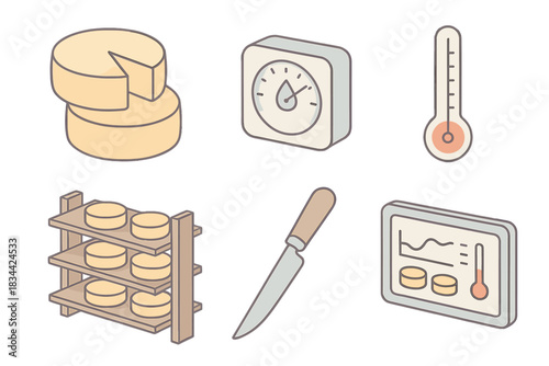 Cheese Ripening Toolkit. Isometric vector illustration set of cheese ripening toolkit: cheese wheels, hygrometer sensor,